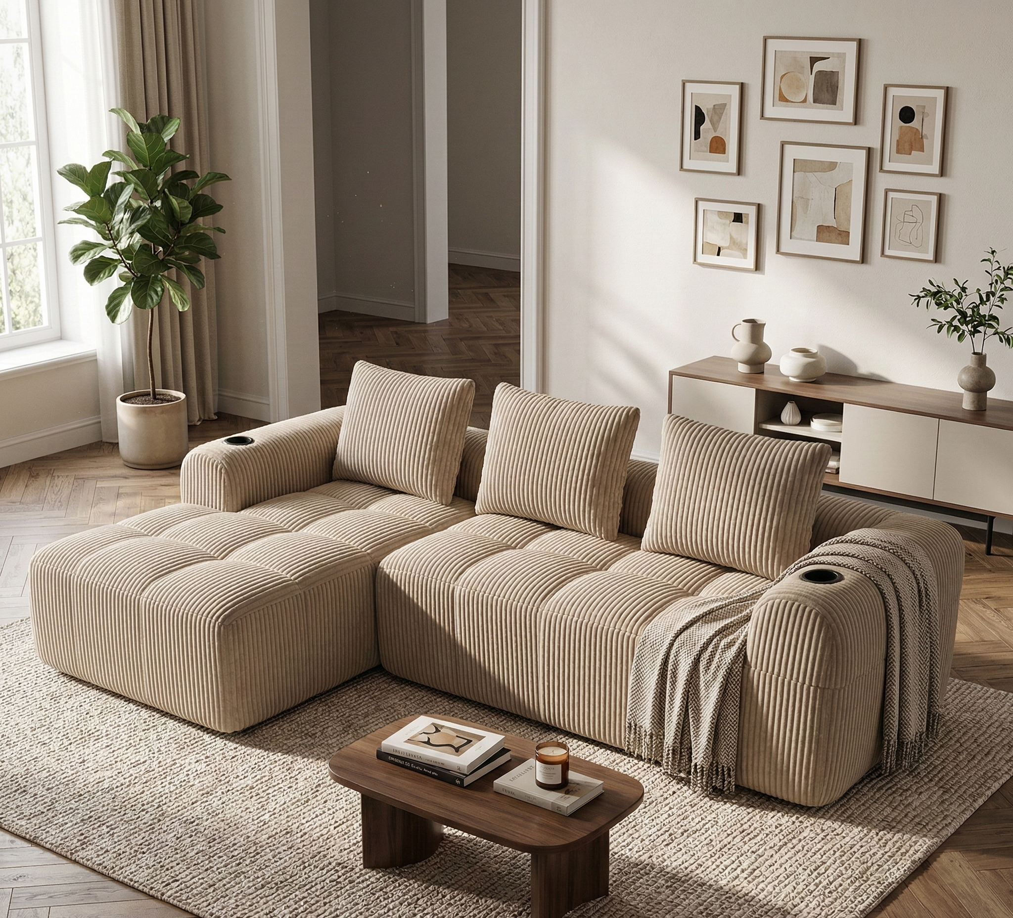 Canape Angle Velours Côtelé Beige